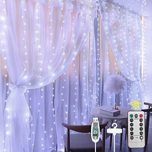 Aomig Lichtervorhang 3x3m,Vorhang Lichterketten USB-betriebene,LED Lichtervorhang mit10 Haken & Fernbedienung, 8Modi, IP65 Wasserdicht,Innen Weihnachten Deko,Hochzeit, Partydekoration-Weiß von Aomig