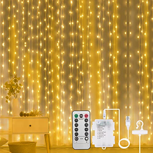 Aomig Lichtervorhang3x3m,Vorhang Lichterketten 2 in 1 USB & Batterie,LED Lichtervorhang mit10 Haken&Fernbedienung, 8Modi, IP65 Wasserdicht,Innen Weihnachten Deko,Hochzeit, Partydekoration-Warmweiß von Aomig