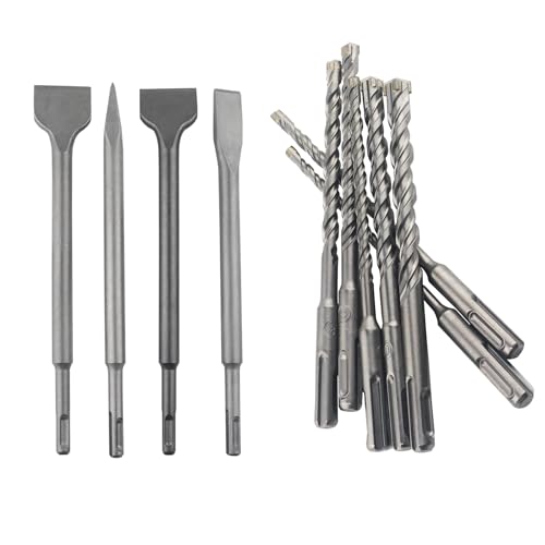 AOMIKITSTU Spachtelmeißel und Betonbohrer Set, 4x 250 mm Meißel + 7x 160 mm Steinbohrer, Rundschaft aus Legierungsstahl, Bauwerkzeuge Set für Betonsteine, Fliesenmauerwerk AOMIKITSTU Spachtelmeißel und Betonbohrer Set, 4x 250 mm Meißel + 7x 160 mm Steinbohrer, Rundschaft aus Legierungsstahl, Bauwerkzeuge Set für Betonsteine, Fliesenmauerwerk von AOMIKITSTU