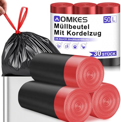 AOMKES Große Müllbeutel 50L Schwarz Müllsäcke mit Zugband Reißfest Mülltüten mit Tragegriff Abfallsack für Küche,30 Stück Müllsäcke von AOMKES