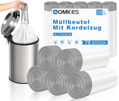 AOMKES Müllbeutel 10l mit Zugband 75 Stück Weiß Mülltüten Kleine Müllsäcke Kordelzug Abfallbeutel ﻿ von AOMKES
