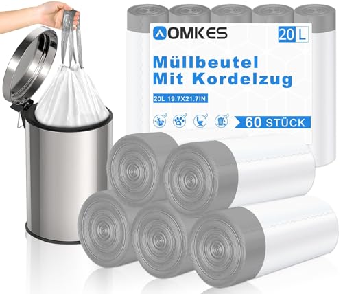 AOMKES Müllbeutel 20l mit Zugband Mülltüten 60 Stück Weiß Müllsäcke mit Kordelzug Küchen Abfallsäcke von AOMKES