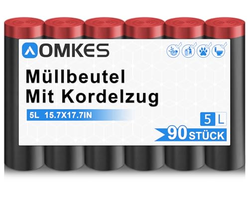 AOMKES Schwarz Müllbeutel 5l mit Zugband Kleine Mülltüten 90 Stück Blickdicht Müllsäcke Reißfest Abfallbeutel von AOMKES