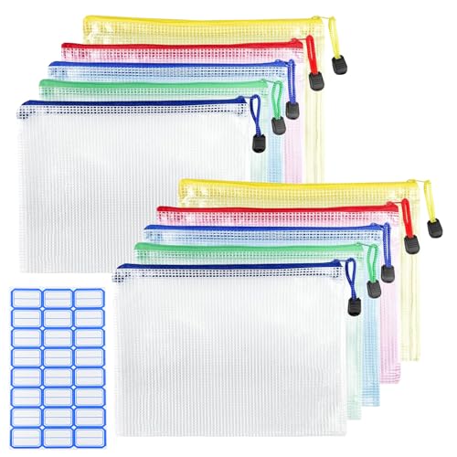 Dokumententasche mit Reißverschluss A5, 10 Stück Wasserdichte Dokumententasche, Mesh Plastic Zip Bag, Kunststoff Beutel Reißverschlussbeutel für Dokumente, Papier, Reise, Schminktasche (5 Farben) von AOMiGT