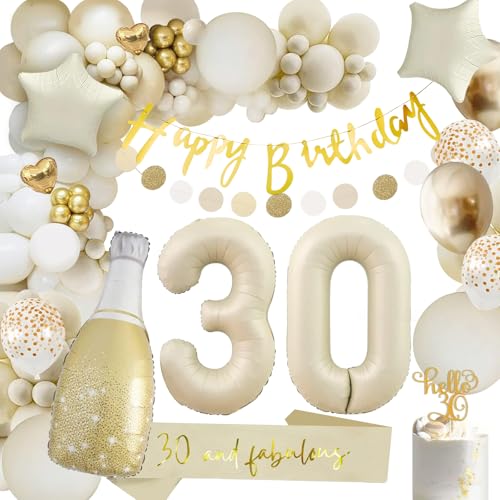 AONAT 30. Geburtstag Deko Set für Frauen und Männer, Beige und Gold, mit Happy Birthday Banner, Luftballons, Schärpe und mehr von AONAT