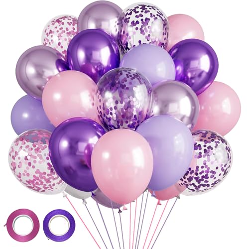 AONAT Rosa Lila Ballons, 60 Stück, 12 Zoll, Metallic Finish, Konfetti, für Mädchen, Frauen, Kinder, Feiernde, Geburtstag, Babyparty, Damen, Unisex-Kinder von AONAT