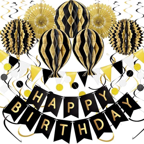 Geburtstagsdeko set, Happy Birthday Girlande, Wiederverwendbare Party Deko, Wimpelkette, Wabenball, Wabenblumen, Geburtstag Deko, Papier Fächer und Pompons Dekoration (Schwarz Gold Partydeko) von AONAT