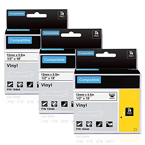 3x kompatible für Dymo Rhino 18444 Industrie-Vinyletiketten 12mm x 5,5m Vinyl Rhino Selbstklebendes Schriftband, kompatible für Dymo Rhino 5200, 4200, 6000, 5000, 6000, 3000, 1000, Schwarz auf Weiß von AONOMI