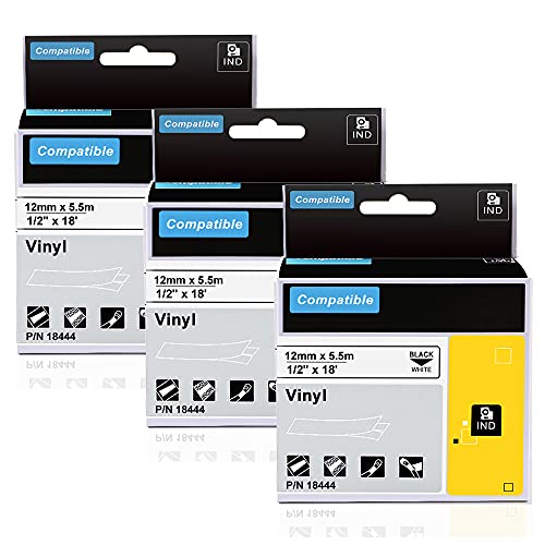 3x kompatibel für Dymo Rhino 18444 Industrie-Vinyletiketten 12mm x 5,5m Vinyl Rhino Selbstklebendes Schriftband, kompatibel für Dymo Rhino 5200, 4200, 6000, 5000, 6000, 3000, 1000, Schwarz auf Weiß von AONOMI