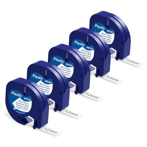 5 x Kompatibel mit Dymo Letratag Etikettenband 12mm x 4m Kunststoff, kompatibel mit Dymo etikettenband LetraTag LT-100H Beschriftungsgerät für LT-100T XR 200B, Schwarz auf Weiß von AONOMI