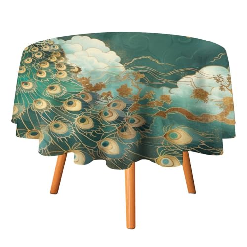 Ästhetische Tischdecken mit Aquarell-Tier-Pfauenmotiv, rund, 91,4 cm, rustikales abstraktes Marmor-Thema, Pfauenfedern, Tischdecke, waschbar von AOOEDM