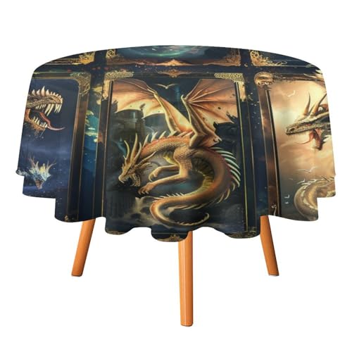 Abstrakte 3D-Tischdecken mit Yin-Yang-Drachenmotiv, rund, 178 cm, rustikales Karomuster, geometrische Kunst, Mid-Century-Tier-Drachen-Tischdecken, waschbare Tischdecke von AOOEDM