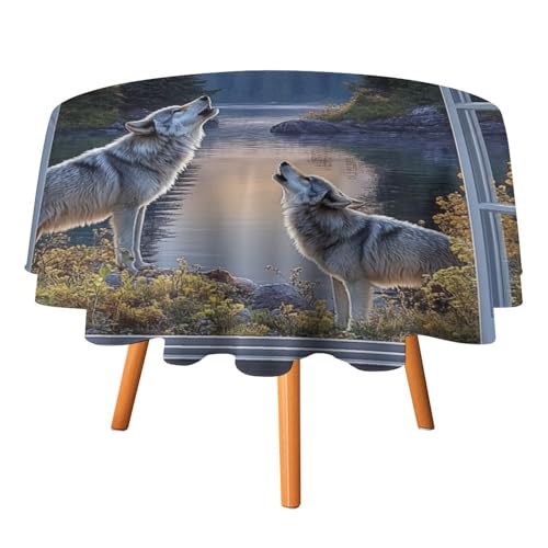 Abstrakte Tischdecken mit Heulender Wolf-Mond-Motiv, rund, 91,4 cm, rustikales 3D-Tischtuch mit zu öffnendem Fenster, Herbst-Ahornbaum, Wolf, Heulender Vollmond, waschbare Tischdecke von AOOEDM