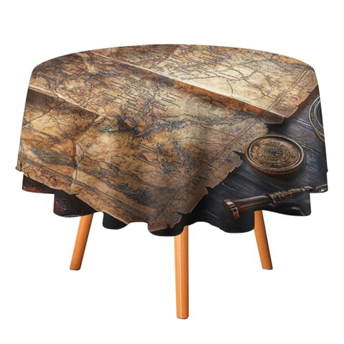 Abstrakte Tischdecken mit Retro-Kartenkompass, rund, 91,4 cm, rustikale Tischdecken mit Aquarell-Holzplanken im 70er-Jahre-Stil, nautische Karten, waschbare Tischdecke von AOOEDM