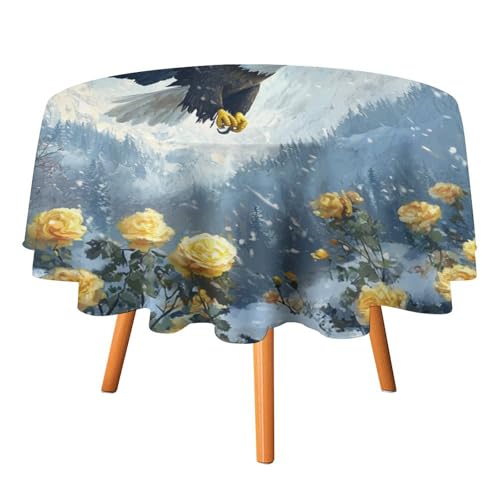 Abstrakte Tischdecken mit schneebedecktem Bergadler, rund, 152,4 cm, rustikaler Winterblumen-Rosendruck, Tischdecken mit Weißkopfadler, waschbare Tischdecke von AOOEDM