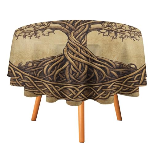 Abstrakte Wikinger-Tischdecken mit Lebensbaum, rund, 91,4 cm, rustikales nordisches Wikinger-Mythologie-Thema, Lebensbaum-Tischdecken für Küche und Esszimmer, runde Tischdecke von AOOEDM
