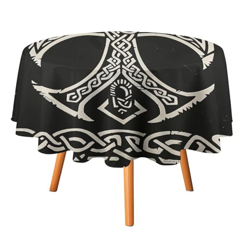 Abstrakte nordische Wikinger-Drachen-Tischdecken, rund, 178 cm, Moderne Tischdecken mit Hammersymbol-Druck aus der Wikinger-Mythologie, waschbare Tischdecke von AOOEDM