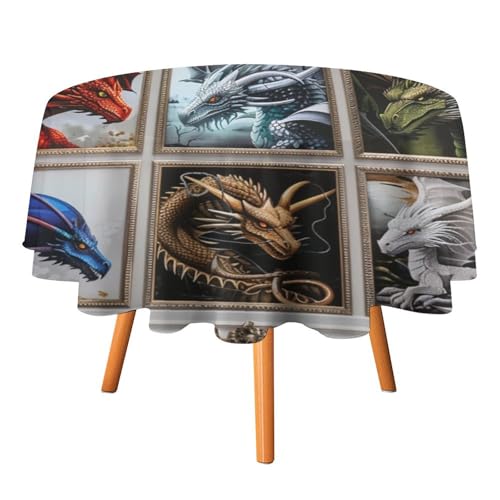Aquarell Karierte 3D-Drachen-Tischdecken, rund, 91,4 cm, abstrakte geometrische Kunst, Mid-Century-Tier-Yin-Yang-Drachen-Tischdecken, waschbare Tischdecke von AOOEDM
