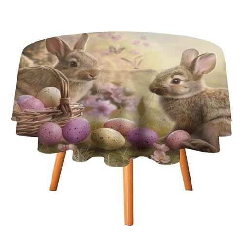 Aquarell-Ostereier-Hasen-Tischdecken, rund, 91,4 cm, Moderne Tischdecke mit Frühlings- und Bauernhofhasen-Blumenmuster und Schmetterlingen, waschbare Tischdecke von AOOEDM
