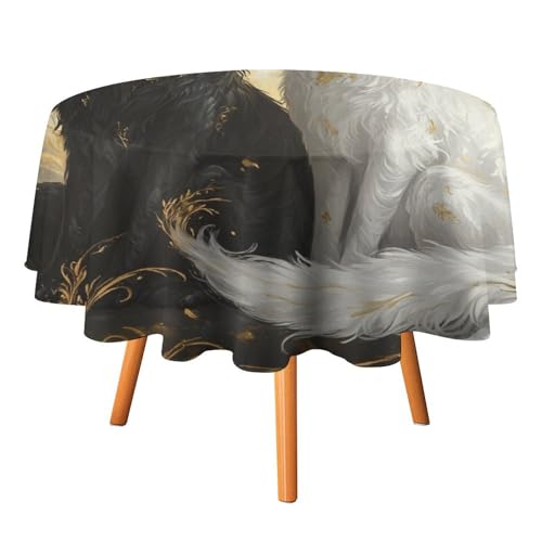 Aquarell-Tischdecken mit Yin-Yang-Wolf, rund, 127 cm, rustikales mythologisches Thema, schwarz-weißer Wolf, Vollmond-Tischdecken, waschbare Tischdecke von AOOEDM