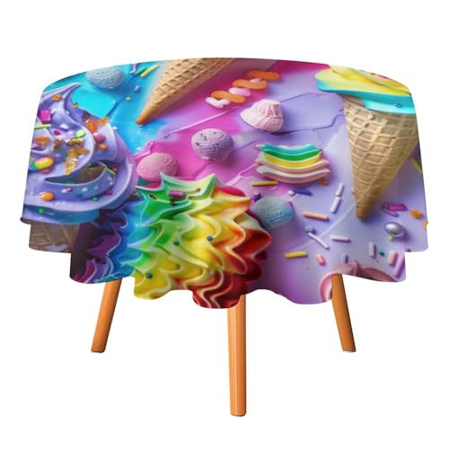 Bunte, Moderne Eiscreme-Tischdecken, rund, 127 cm, rustikale, abstrakte Tischdecke mit Eiscreme-Drucken im Anime-Stil, waschbare Tischdecke von AOOEDM