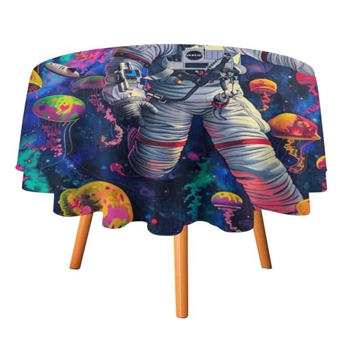 Bunte Fantasy-Weltraum-Astronauten-Tischdecken, rund, 91,4 cm, abstrakte ästhetische Anime-Cartoon-Wildtier-Quallen-Tischdecke, waschbare Tischdecke von AOOEDM