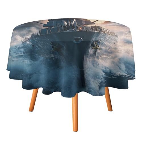 Coole, Moderne Bootstischdecken, rund, 178 cm, rustikales Aquarell-Design mit amerikanischem Marine-Seethema, Schlachtschiffe-Tischdecken für Küche und Esszimmer, runde Tischdecke von AOOEDM
