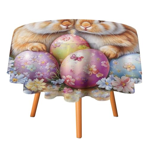 Fantasy Aquarell Hase Blumen Tischdecken Runde 60 Zoll Tischdecke, Bunte Ästhetik Ostereier Frühling Garten Schmetterling Tischdecke Waschbare Tischdecke von AOOEDM