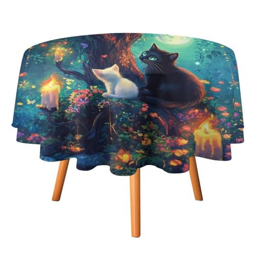 Fantasy Rustikale Tischdecken mit Wildtieren und Katzen, rund, 91,4 cm, Tischdecken mit Aquarell-Ölgemälde, Frühlingskerzen und Blumen, waschbare Tischdecke von AOOEDM