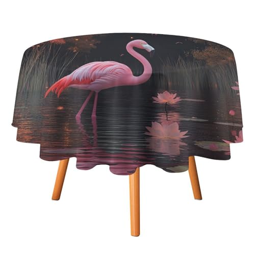 Flamingo-Tischdecken mit Aquarell-Regenbogendruck, rund, 91,4 cm, rustikale Herbst-Flamingo-Lotus-Tischdecken, waschbare Tischdecke von AOOEDM