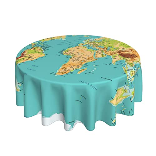 Karte der Weltgeographie Kontinente und Länder Runde Tischdecke | 60 Zoll Durchmesser | Runde Tischabdeckung | Tischdeko | Staubdicht Falten | Buffettisch, Partys, Feiertagsessen von AOOEDM