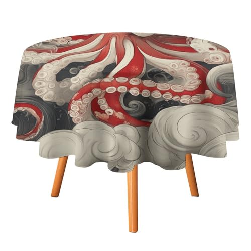 Minimalistische abstrakte Tischdecken mit Tier-Oktopus-Motiven, rund, 127 cm, Moderne Tischdecke mit Aquarell-Motiven, japanischem Anime, nautischen Meereswellen-Druck, waschbare Tischdecke von AOOEDM