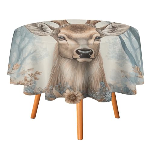 Minimalistische runde Tischdecke mit Aquarell-Wildtier-Hirsch, 152,4 cm, für den Esstisch in der Küche, rustikale abstrakte Tischdecke mit nebligem Blumenmuster, runde Tischdecken von AOOEDM