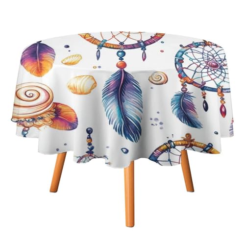 Moderne, farbenfrohe, runde Tischdecke mit Traumfänger in Muschelform, 152,4 cm, für den Esstisch in der Küche, Tischdecke mit Aquarell-Cartoon-Feder und Blumenmuster, Traumfänger, runde Tischdecken Moderne, farbenfrohe, runde Tischdecke mit Traumfänger in Muschelform, 152,4 cm, für den Esstisch in der Küche, Tischdecke mit Aquarell-Cartoon-Feder und Blumenmuster, Traumfänger, runde Tischdecken von AOOEDM