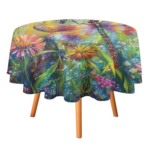 Moderne, farbenfrohe Tischdecken mit Libellenmotiv, rund, 152,4 cm, rustikale Ölgemälde-Kunst, Frühlingsgarten, Gänseblümchen, Libellen-Tischdecken, waschbare Tischdecke von AOOEDM