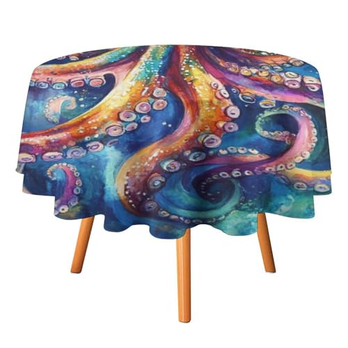 Moderne, farbenfrohe Tischdecken mit Meereskrakenmotiv, rund, 91,4 cm, rustikales nautische Thema, Tier-Unterwasserkraken-Tischdecken, waschbare Tischdecke von AOOEDM