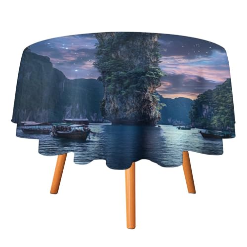 Moderne, runde Tischdecke mit Fantasie-Naturlandschaft, 152,4 cm, für Küchen-/Esstisch, farbenfrohe, rustikale Tischdecke mit nautischem Galaxie-Landschaftsmotiv, runde Tischdecken von AOOEDM