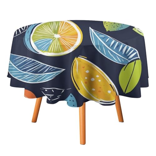 Moderne Tischdecken mit Boho-Blättern und Zitronenmotiv, rund, 152,4 cm, abstrakt, bunt, Tropische Früchte, Zitronen-Tischdecke, waschbar von AOOEDM