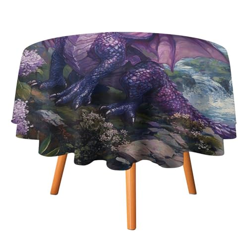 Moderne Tischdecken mit Drachenmotiv im Frühlingsstil, rund, 178 cm, rustikale Tischdecken mit lila Blumenmuster und Lavendel-Drachenmotiv, waschbare Tischdecke von AOOEDM