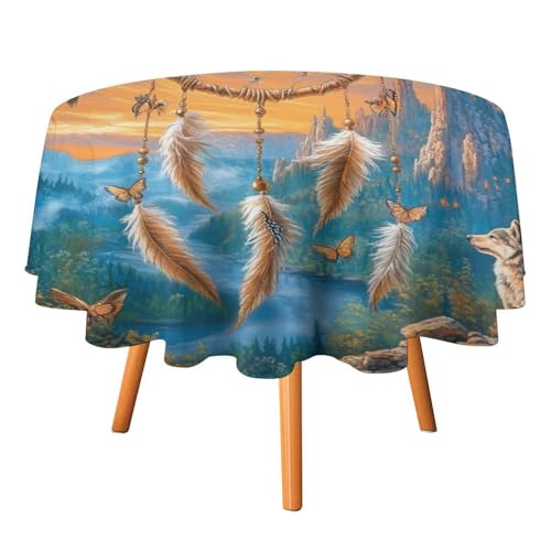 Moderne Tischdecken mit Federn, Traumfänger und Wolf, rund, 178 cm, rustikale Tischdecke mit Stammesadler, Schmetterling, Blumenmuster und Mond, waschbare Tischdecke von AOOEDM