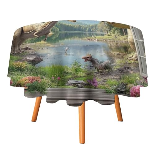 Moderne Tischdecken mit Palmen- und Dinosauriermotiv, rund, 91,4 cm, abstraktes 3D-Tischtuch mit zu öffnendem Fenster, Tropische Blumen, Dinosaurier-Tischdecken, waschbare Tischdecke von AOOEDM