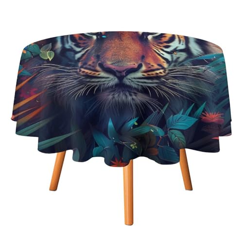 Moderne Tischdecken mit Tiger-Motiv, rund, 91,4 cm, rustikale Tischdecke mit tropischen Palmenblättern, Wildtieren und Tigern, waschbare Tischdecke von AOOEDM