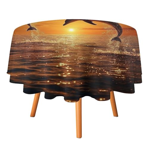 Moderne Tischdecken mit Unterwassertieren und Delfinen, rund, 152,4 cm, rustikales nautische Thema, Delfin-Vollmond-Tischdecken für Küche und Esszimmer, runde Tischdecke von AOOEDM