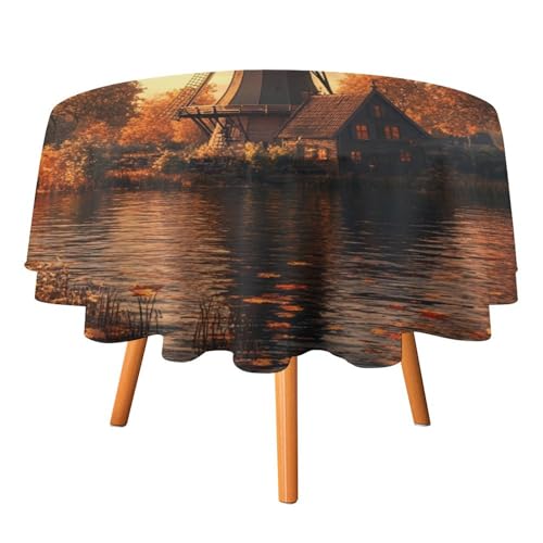 Moderne Tischdecken mit Windmühlenmotiv im Herbst, rund, 152,4 cm, Moderne Tischdecke mit Ahornblättern im Herbst, Bauernhaus-Hütte, Windmühlenmotiv, waschbare Tischdecke von AOOEDM