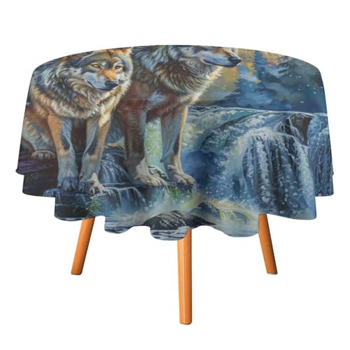 Moderne Tischdecken mit Wolf-Motiv, rund, 178 cm, Aquarell-Dschungeltier, Wolf, Heulender Wasserfall, Vollmond, waschbare Tischdecke von AOOEDM
