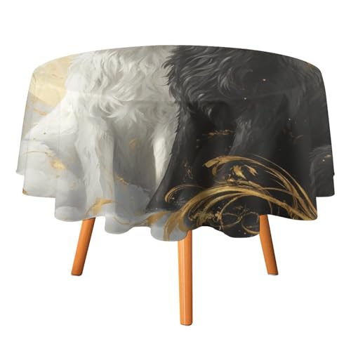 Moderne Tischdecken mit Yin und Yang und Wolf, rund, 178 cm, Aquarell-Mythologie-Thema, schwarz-weiß, Wolf, Vollmond, waschbare Tischdecke von AOOEDM