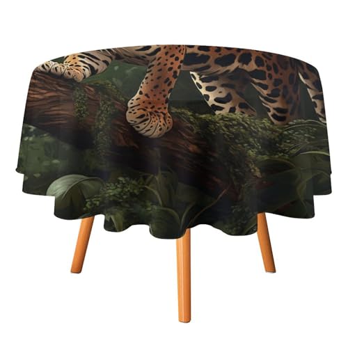 Moderne Tischdecken mit tropischem Leopardenmuster, rund, 178 cm, rustikale Tischdecken mit Dschungel-Palmblättern und wildem Leopardenmuster, waschbare Tischdecke von AOOEDM