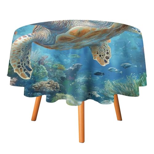 Moderne abstrakte Tischdecken mit Tierschildkröte, rund, 91,4 cm, rustikales Ölgemälde, nautische Unterwasserwelt, Korallen-Tischdecken, waschbare Tischdecke von AOOEDM