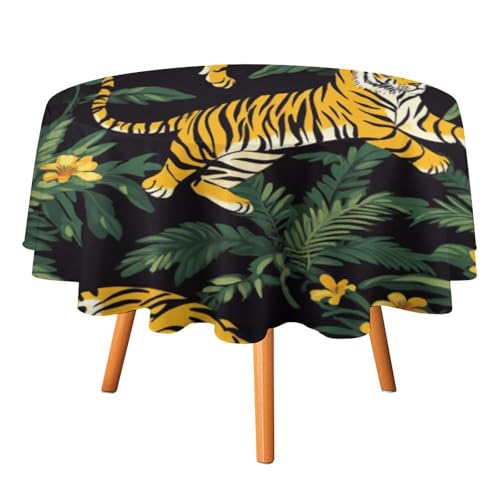 Moderne böhmische Tischdecken mit tropischem Tigermotiv, rund, 91,4 cm, Tischdecken mit Aquarell-Cartoon-Tiger und Blumenmuster, Palmblätter, waschbare Tischdecke von AOOEDM