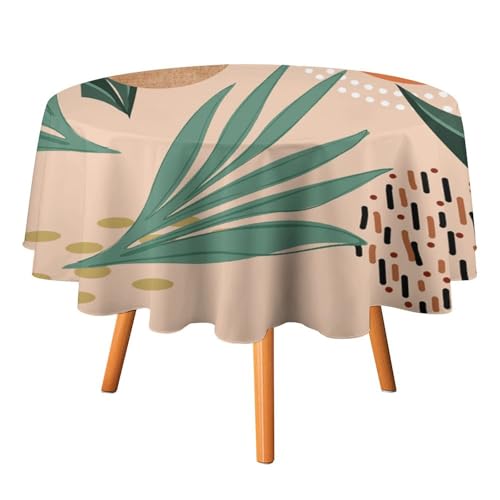 Moderne geometrische Tischdecken mit Boho-Blättern, rund, 152,4 cm, abstrakte Tischdecke mit tropischen Palmblättern und Sonne, waschbare Tischdecke von AOOEDM